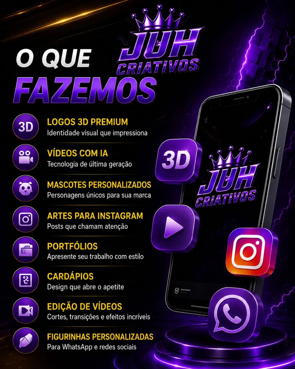 O que fazemos — Logos 3D Premium, vídeos com IA, mascotes, artes para Instagram e mais
